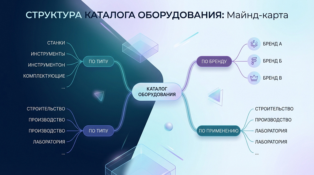 Майнд-карта структуры каталога сайта оборудования, показывающая ветки "По типу", "По бренду" и "По применению".