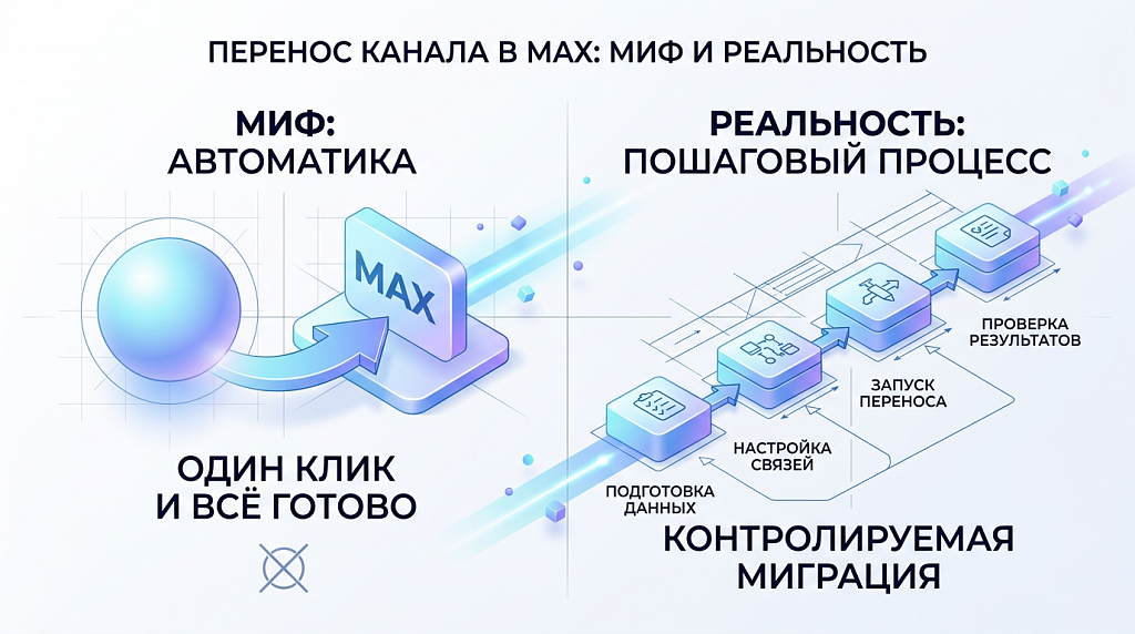 Схема-инфографика, сравнивающая миф об автоматическом переносе канала в MAX с реальным пошаговым процессом миграции.