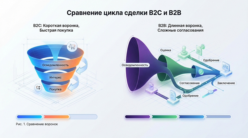 Инфографика, сравнивающая короткую воронку продаж в B2C с длинной воронкой в B2B.