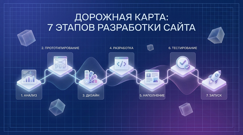 Дорожная карта из 7 этапов разработки сайта: Анализ, Прототипирование, Дизайн, Разработка, Наполнение, Тестирование, Запуск.